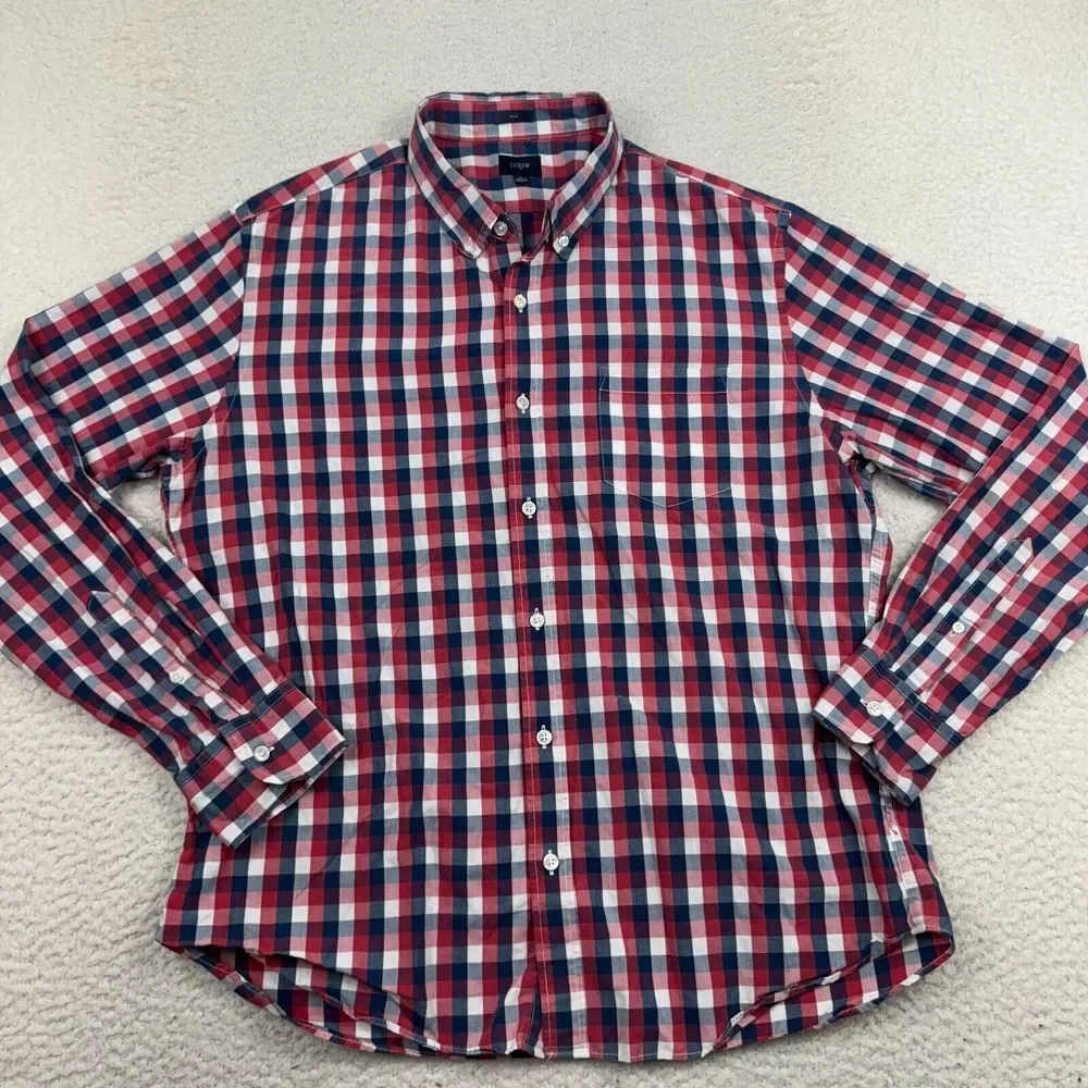 J. Crew Shirt Men's XL Slim Fit Red Plaid Long Sleeve Button Down Classic Preppy